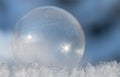 Close-up of a frozen soap bubble lying on ice crystals. The background is blue. The texture of the frost can be clearly seen on Royalty Free Stock Photo