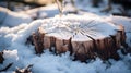 Close up of a frozen Tree Stump surrounded by Frost. Natural Winter Background