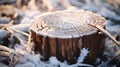 Close up of a frozen Tree Stump surrounded by Frost. Natural Winter Background