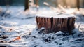 Close up of a frozen Tree Stump surrounded by Frost. Natural Winter Background