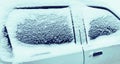 Close up frozen winter car covered snow, view side window on snowy background Royalty Free Stock Photo