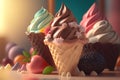 Close-up fruit different ice cream in waffle cones. Refreshing cold cake. Creative food illustration