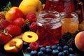 close-up of fruit preserve ingredients: fruits, sugar, pectin