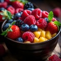 Close-up of fruit salad with raspberries, strawberries, blackberries and pineapple pieces