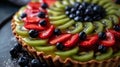 A close up of a fruit tart with kiwi, blueberries and strawberries, AI Royalty Free Stock Photo