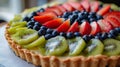 A close up of a fruit tart with kiwi, strawberries and blueberries, AI Royalty Free Stock Photo