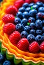 A close up of a fruit tart with raspberries and blueberries. Generative AI image.