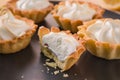 Close up fruit tartlets with Italian meringue.Homemade Tartlets Ready to Eat. Royalty Free Stock Photo