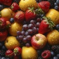 Close up of fruits. Berries with dew drops on them, strawberries