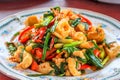 Close up fry seafood curry squid shirmp crabs on the plate Royalty Free Stock Photo