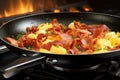 close-up of frying eggs and bacon in a non-stick pan