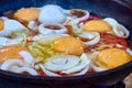 close-up of frying eggs with onions and tomatoes in a frying pan. picnic in nature