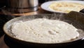 Close-up of frying pancake in a pan Royalty Free Stock Photo