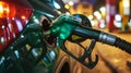 Close up of fuel nozzle in car at gas station at night. Royalty Free Stock Photo