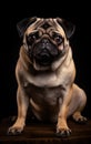 Close up studio portrait nice cute pug dog sitting and looking in camera isolated on black background. Generative AI