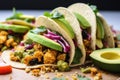close up of fully loaded vegan taco with veggie crumble
