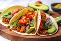 close up of fully loaded vegan taco with veggie crumble