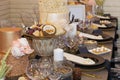 Close up of a fully set banquet table with brown and earth tones Royalty Free Stock Photo