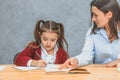 Close up funny mother and child daughter doing homework writing and reading at home. Royalty Free Stock Photo