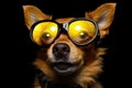 Close-up Funny Portrait of Dog in Yellow Glasses on Black