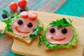 Close up of funny sandwiches the faces of a girl and a boy for a school lunch. Concept back to school Royalty Free Stock Photo