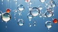 A close-up of funny water balls in various sizes and shapes, suspended in mid-air with water droplets frozen in time