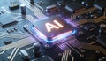 Close up of a futuristic ai microchip on motherboard with neon light for advanced computing and digital technology innovation Royalty Free Stock Photo