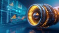 close up of futuristic aircraft engine with glowing components surrounded by digital data visualizations image conveys advanced Royalty Free Stock Photo
