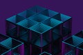 Close-up of a futuristic artificial intelligence cube in neon light on a purple background Royalty Free Stock Photo