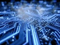 Close-up of a futuristic blue-lit circuit board illustrating advanced electronic technology and intricate pathways of data flow Royalty Free Stock Photo