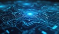 Close-up of futuristic circuit board. Blue glowing lines depict tech scheme. Innovation background shows data transfer, Royalty Free Stock Photo