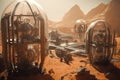 close-up of futuristic colony on mars with glass and metal structures visible