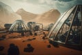 close-up of futuristic colony on mars with glass and metal structures visible