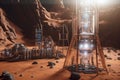 close-up of futuristic colony on mars with glass and metal structures visible