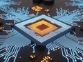 Close up of a futuristic computer processor with glowing blue circuit board pathways Royalty Free Stock Photo