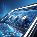 Close-up of Futuristic Control Panel with Glowing Knobs and Digital Interface technology Royalty Free Stock Photo