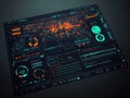 A close-up of a futuristic control panel with an intricate array of colored lights and symbols, resembling high-tech