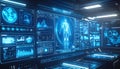 Close-up of a futuristic control panel and screen array displaying a detailed glowing human body scan alongside various medical Royalty Free Stock Photo