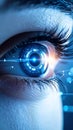 Close-up of a futuristic cybernetic eye with glowing digital interface and network connections. Royalty Free Stock Photo