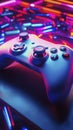 Close-up of a futuristic gaming controller on a neon desk, colorful lighting reflections, ultra-sharp focus, modern and