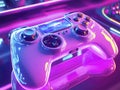 Close-up of a futuristic gaming controller on a neon desk, colorful lighting reflections, ultra-sharp focus, modern and