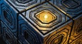 Close-up of a futuristic geometric pattern with interlocking hexagons in blue black and gold illuminated by central yellow light Royalty Free Stock Photo