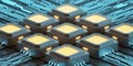 Close-up of futuristic glowing microchips on a digital circuit board technology computer Royalty Free Stock Photo