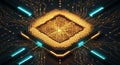Futuristic gold CPU chip on circuit board with glowing blue lights Royalty Free Stock Photo