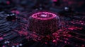 A close-up of a futuristic microchip embedded in a circuit board, glowing with pink lights.
