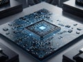 Close-up image of a futuristic artificial intelligence microchip, a complex network of interconnected circuitry. Royalty Free Stock Photo