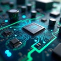 A futuristic AI generated close-up microchip glowing with neon circuits, showcasing advanced digital technology Royalty Free Stock Photo
