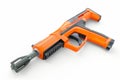 Close-up of futuristic orange and black tool on white background. Detailed design suggests advanced technology. Suitable