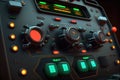 close-up of futuristic pilot's console, with glowing buttons and switches