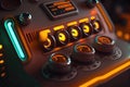 close-up of futuristic pilot's console, with glowing buttons and switches